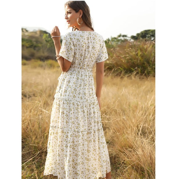Boho Deep V White Floral Dress - Picture 2 of 15